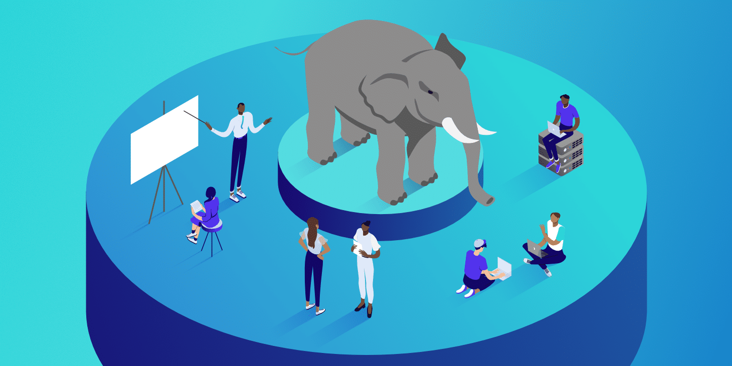 an image of people discussing and working on laptops around an elephant (postgres mascot)